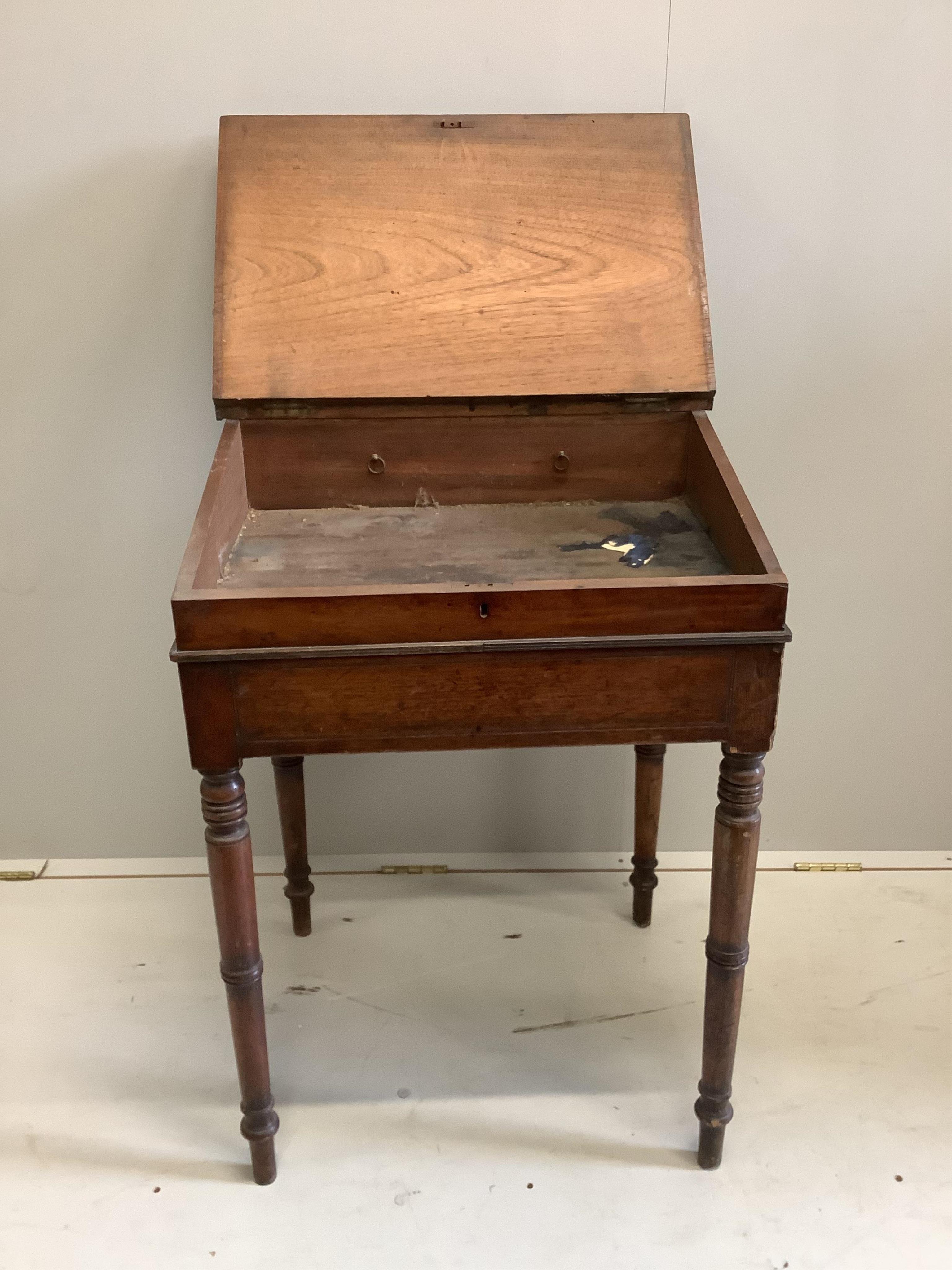 A Regency mahogany writing desk, width 58cm, depth 49cm, height 84cm. Condition - poor